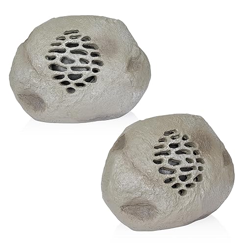 Alpine Corporation QLP952SLR-GR-2 Solar Bluetooth Enabled Rock Speaker, Audio for Pool, Deck, & Patio, 9" H, Gray, Set of 2
