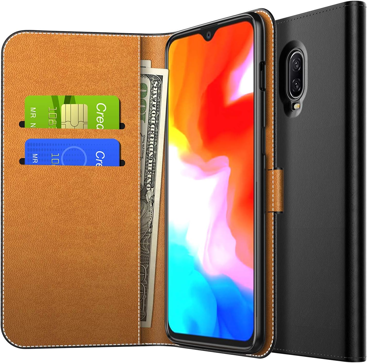 YockTec OnePlus 6T Case- Ultra Slim Leather Flip Wallet Case with Card Pockets View Stand Card Holder Magnetic Closure for OnePlus 6T Phone(Black)