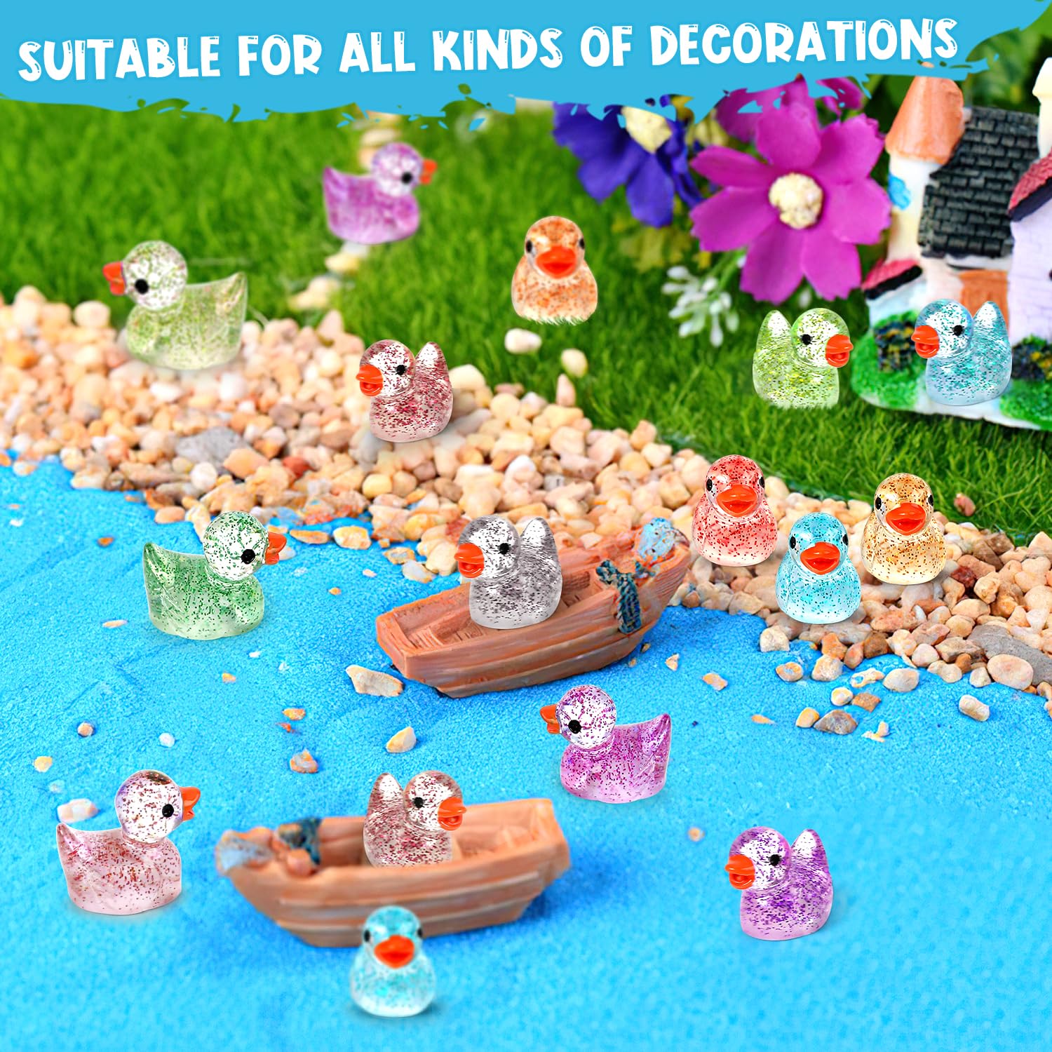 120 Pcs Glitter Mini Resin Ducks 12 Colors Little Duck Figures Tiny Ducks for DIY Garden Micro Landscape Aquarium Potted Dollhouse Decoration Decor