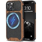 TENDLIN Compatible with iPhone 15 Plus Case Wood Grain with Carbon Fiber Texture Design Leather Hybrid Slim Case (Compatible with MagSafe) Black