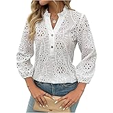 Floerns Women's Embroidered Eyelet Tops Hollow Out 3/4 Sleeve V Neck Dressy Casual Blouses