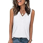WIHOLL Tank Top for Women Summer Outfits V Neck T Shirts Trendy Eyelet Sleeveless Basic Beach Vacation Clothes