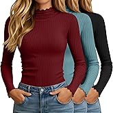 Oakgarden 3 Pack Women's Turtleneck Cotton Shirts, Long Sleeve Ribbed Lettuce Trim Mock Neck Slim Fit Tops Soft Base Layer