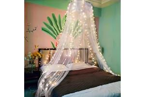 Eimilaly Lace Bed Canopy Mosquito Netting with Warm Lights, Princess Bed Canopy for Girls Room Decor, White/Single Door