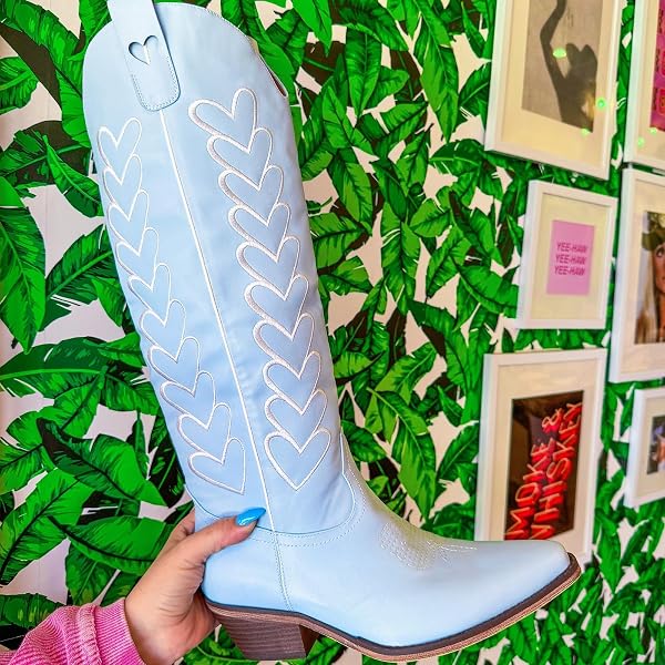 YOLKOMO COWBOY BOOTS FOR WOMEN BLUE KNEE HIGH COWGIRL BOOTS WITH HEARTS SQUARE TOE LOW BLOCK HEEL PULL-ON LEATHER DISTRESSED WESTERN HEART EMBROIDERED BLUE BOOTIES SIZE 10