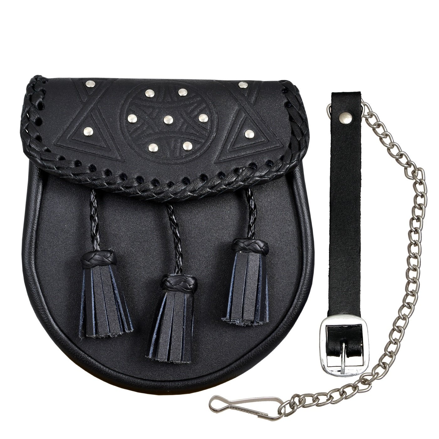 SHYNE KILTS U.K Scottish Black Leather Kilt Sporran With Tassels Leather Sporran