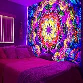 PSYHILAR Blacklight Mandala Tapestry for Bedroom, Psychedelic Black Light Posters for Adults and Teens, Colorful UV Reactive Aesthetic Bohemian Art Wall Hanging Decor (60 x 50 Inches)