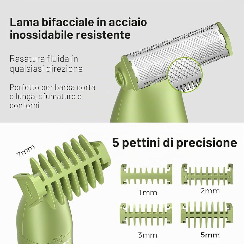 Set per la toelettatura dei dettagli, 3 in 1, per uomo, barba, parrucchiere, body groomer, trimmer naso e orecchie, rasoio senza fili con ricarica USB (Verde)