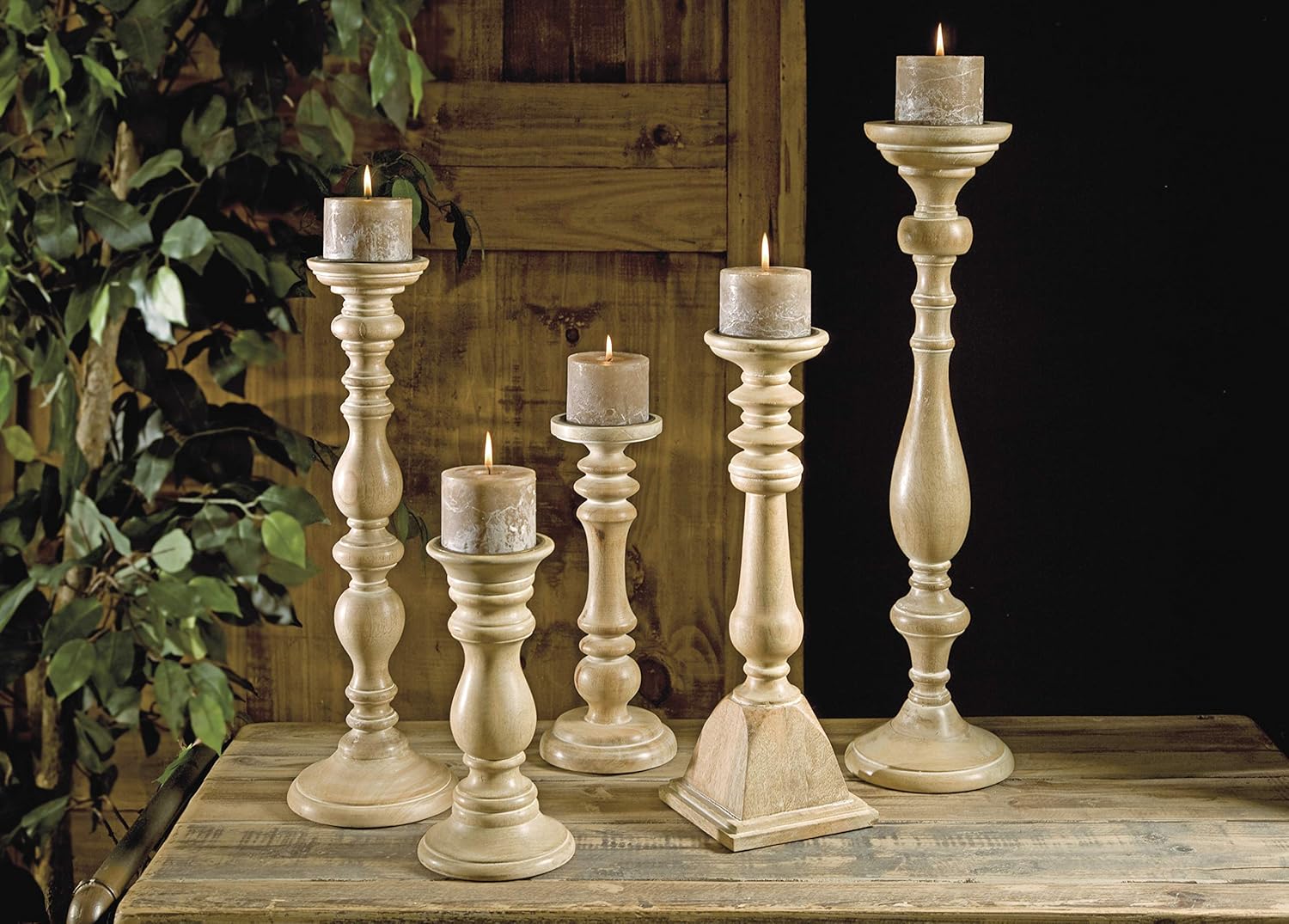 IMAX Mason Natural Wash Wood Candleholders - Set of 5 Vintage Candle Stands - Home Decor Accessory: Home & Kitchen