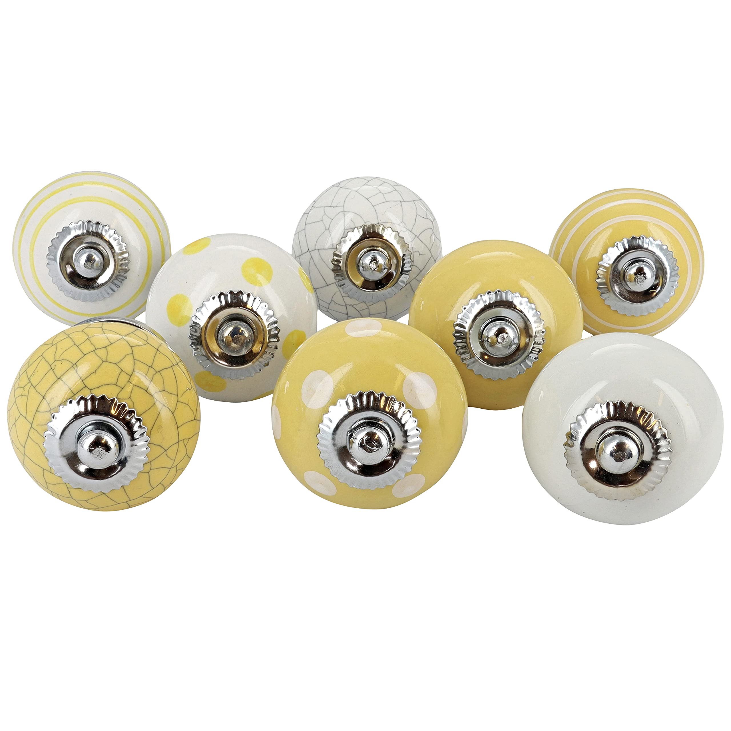 G Decor Dark Yellow and White Handmade Assorted Designs Ceramic Door Knobs, Vintage, Shabby Chic, Interior Furniture, Cabinet Cupboard Drawers Pulls Handles (8-Pack)