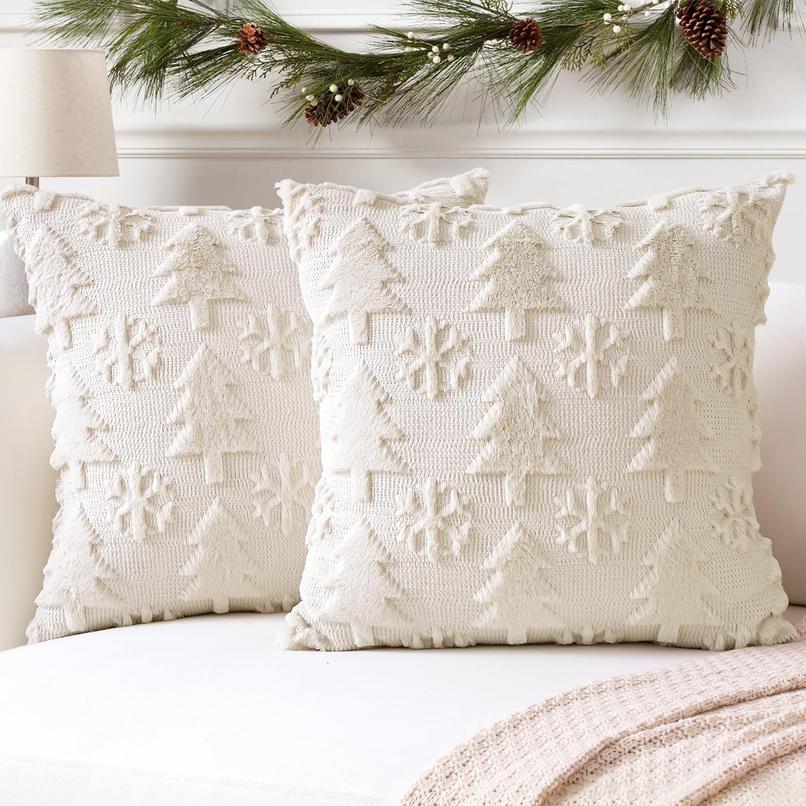 Artscope Set of 2 Xmas Soft Plush Short Wool Velvet Decorative Cushion Covers 70x70cm Square Luxury Style Throw Pillow Covers Pillow Shell for Sofa Bedroom Christmas Tree and Snowflake Cream Beige