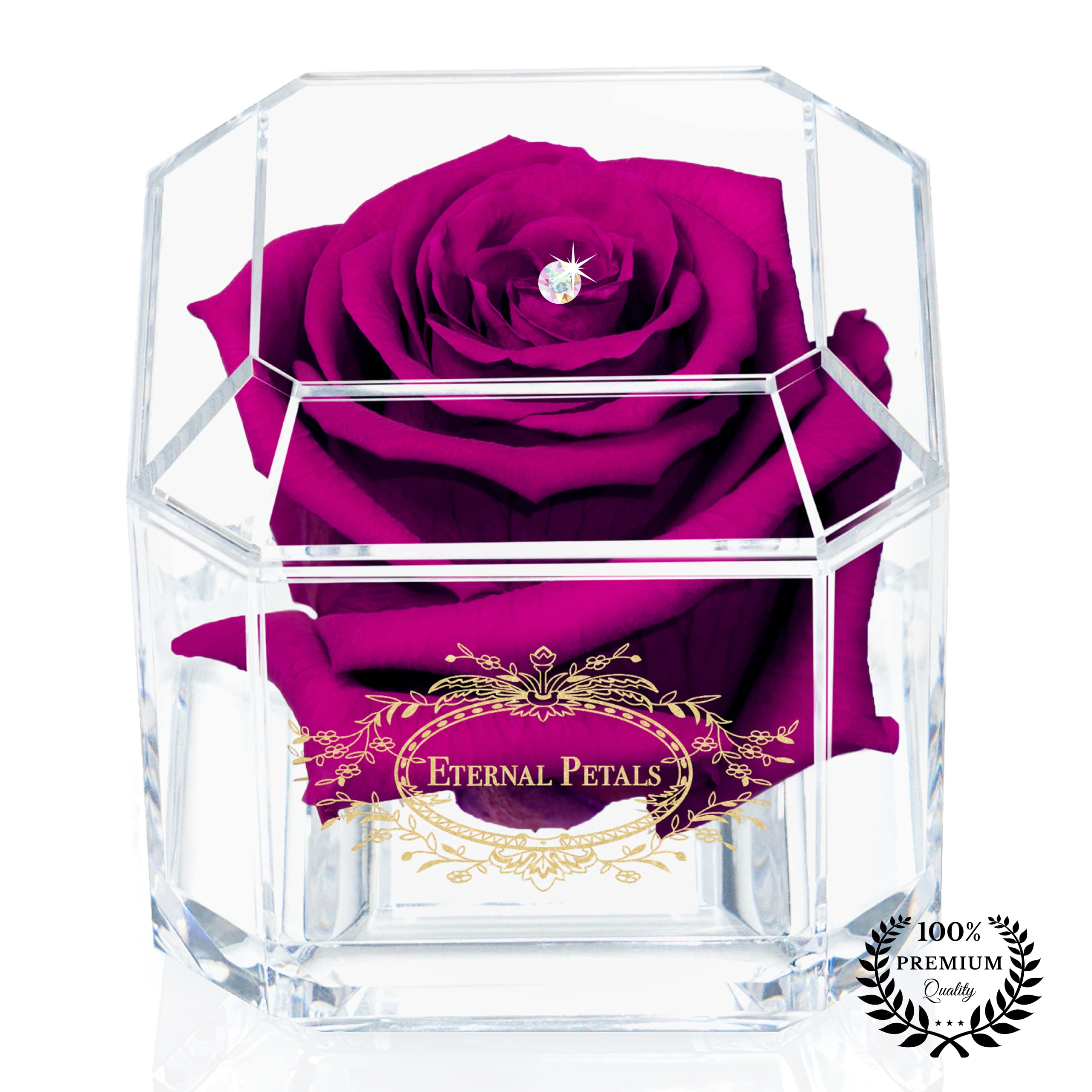 Eternal Petals A 100% Real Rose That Lasts Years, Handmade in UK – Gold Solo with A Multicolour Crystal (Plum)