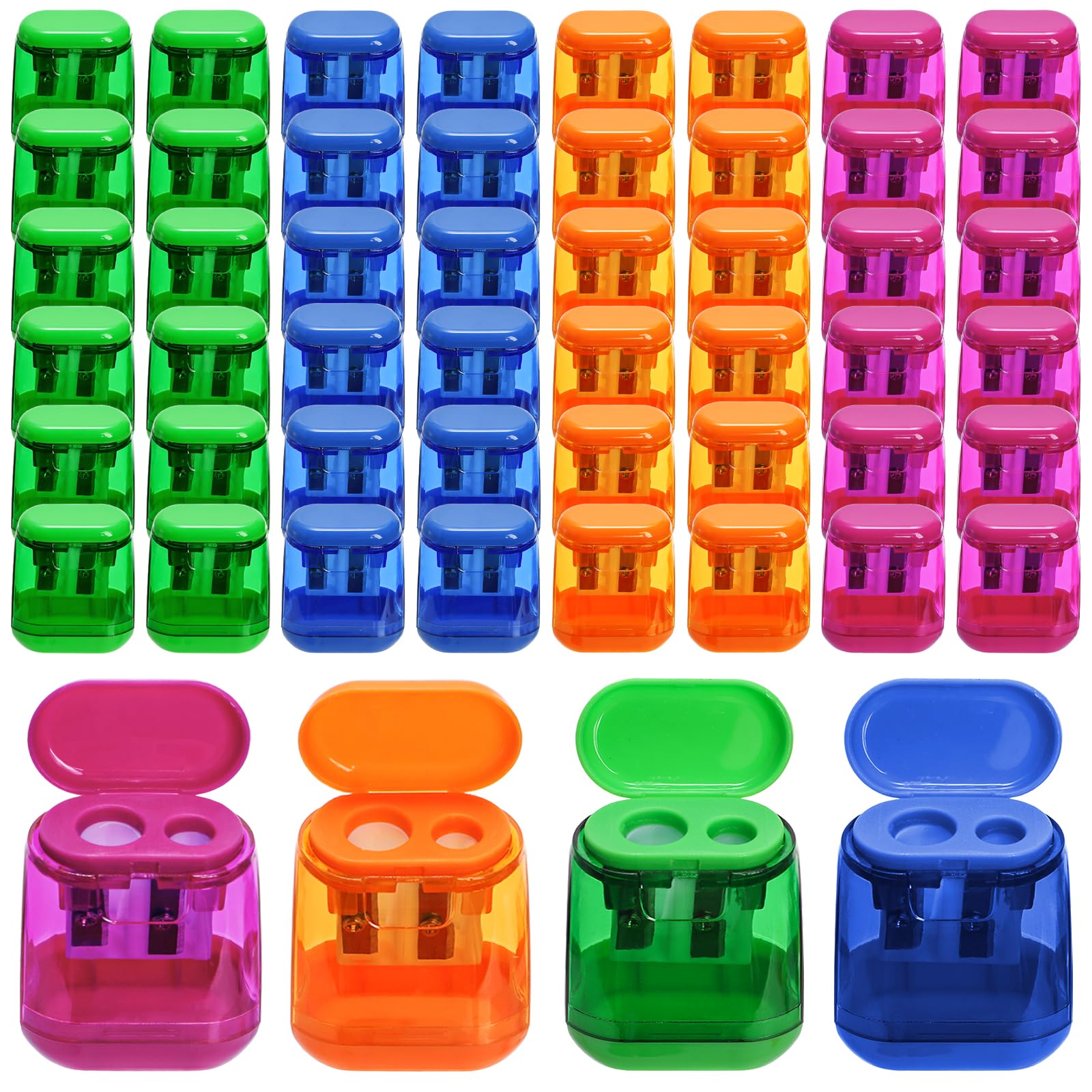YOUEON 48 Pack Manual Pencil Sharpeners，Dual Holes Compact Portable Handheld with Lid for Kids, Adults, Students, School, Office, Home Use (Assorted Colors: Blue, Green, Red, Orange)