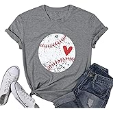 Baseball Shirt Women Baseball Heart Tee Shirts Baseball Mom Tshirt Game Day Casual Crew Neck Short Sleeve Tops