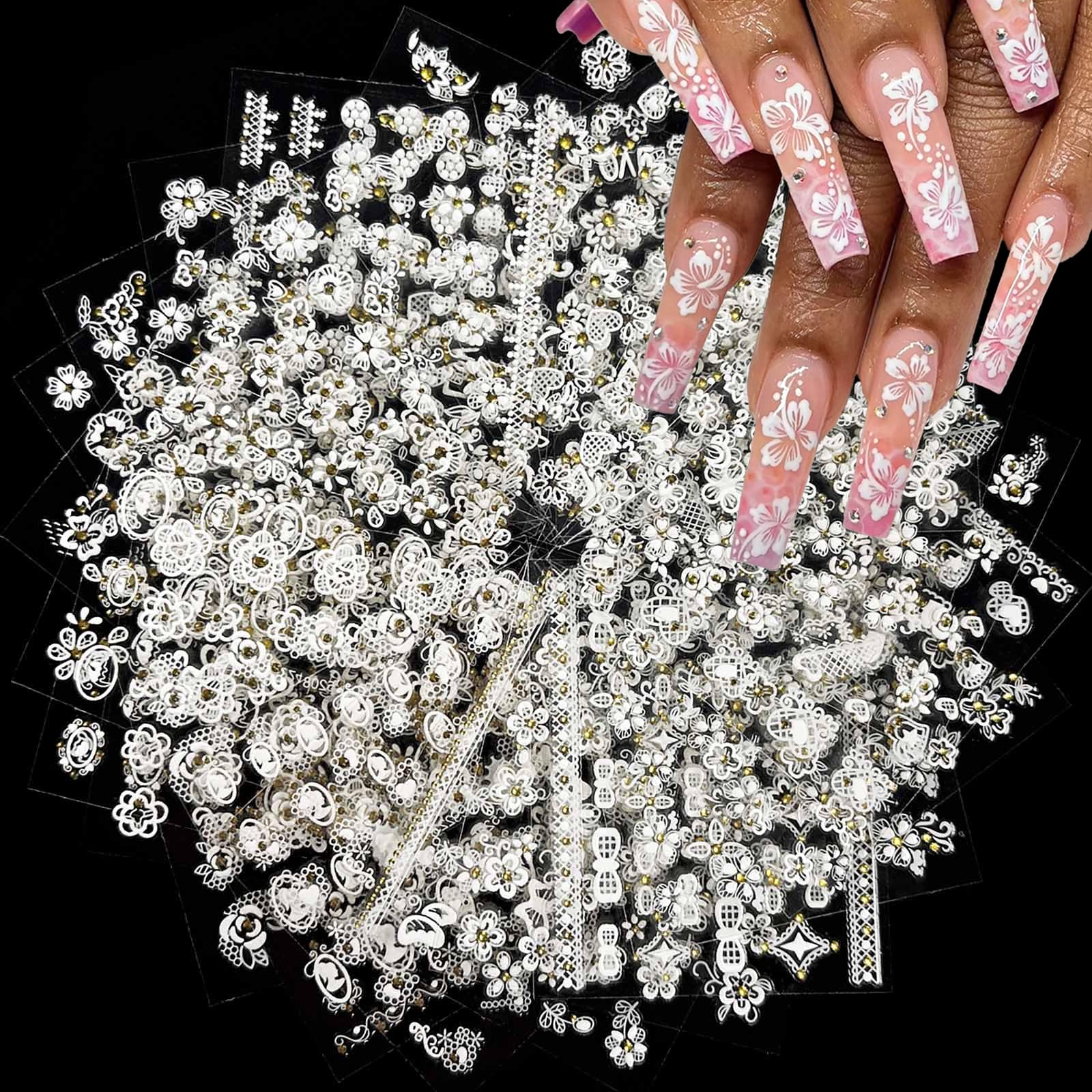 Photo 1 of 24 Sheets Flower Nail Art Stickers Decals White Floral Nail Decals 3D Self Adhesive Nail Stickers White Flower Designs Nail Art Supplies for Women Nail Manicure Decorations