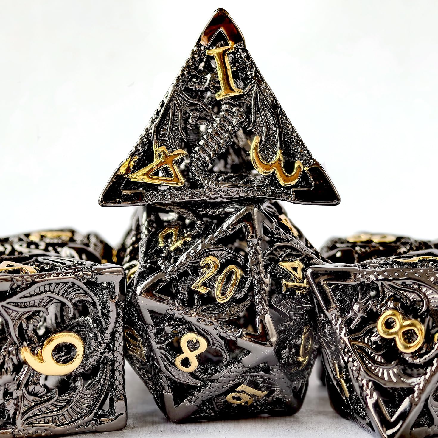 Hollow D&D Metal Dice with 3D Dragon Feature, Dungeons and Dragons Dice Set in Black Nickle+Gold Lettering Effect, Dice for RPG,MTG,Pathfinder Games