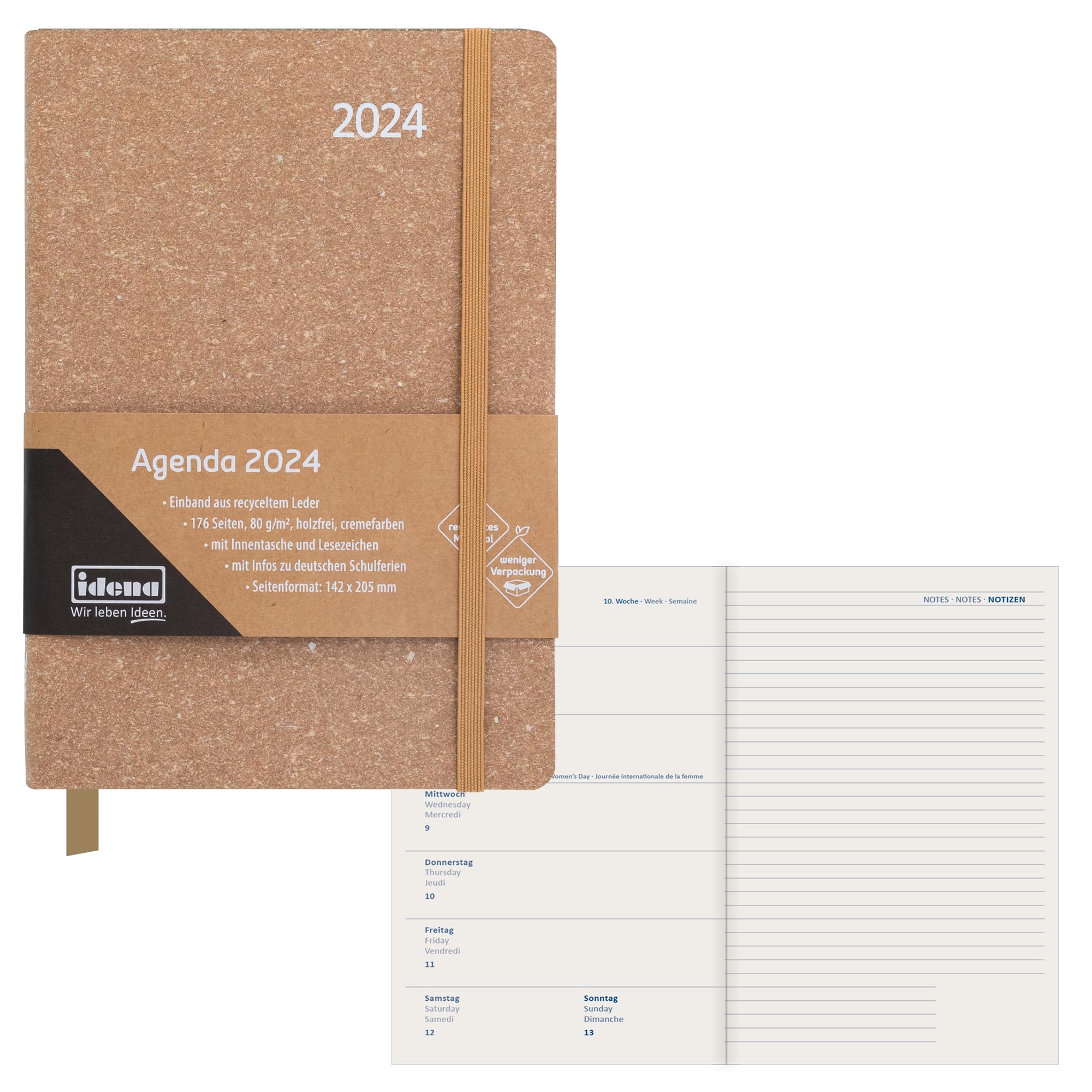 Idena 11069-2024 Appointment Diary DIN A5 176 Pages Brown 1 Week on 1 Page Agenda Weekly Planner Recycled Leather Cover