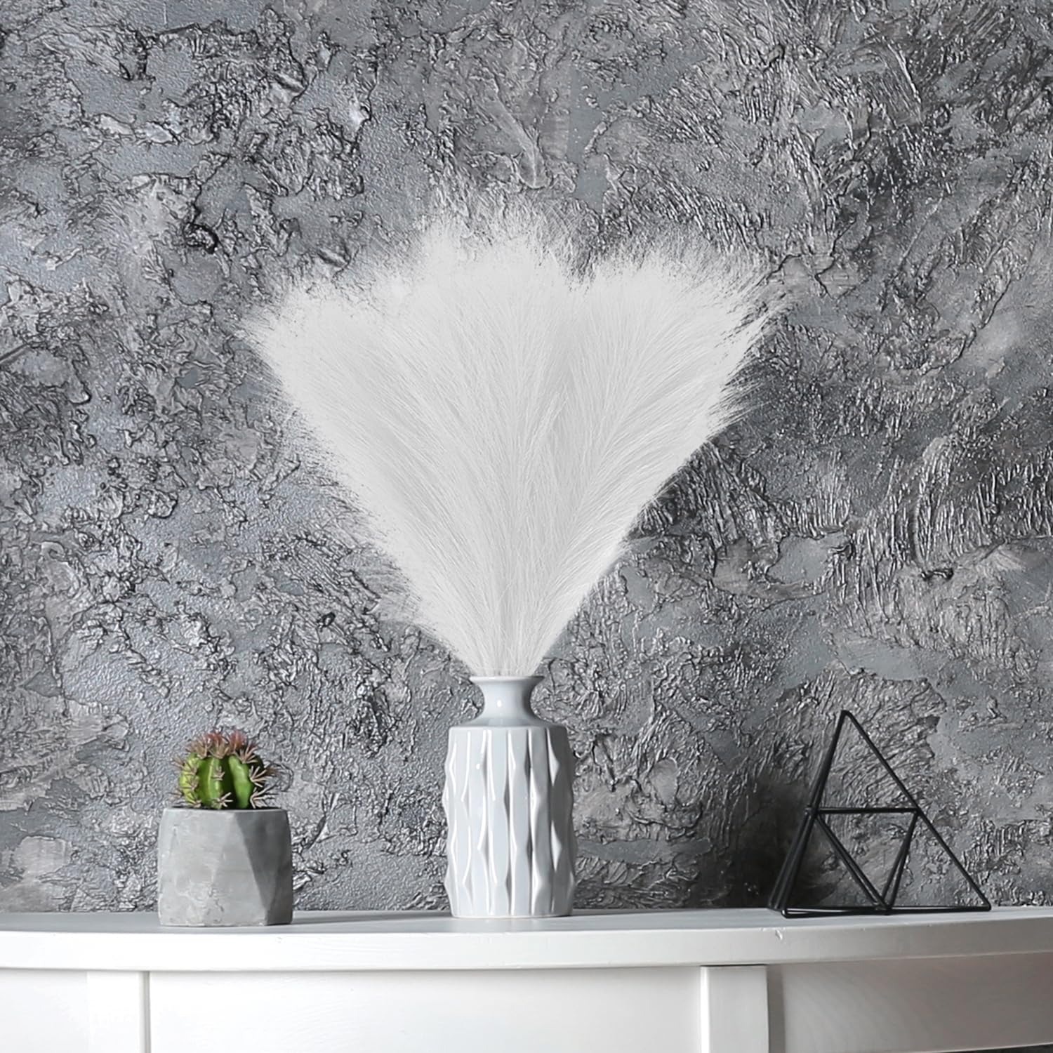 wintfarm 6Pcs Faux Pampas Grass, 18"/45cm can be Extended to 22"/55cm, Fluffy Artificial Flower Arrangement and Vase Filler for Wedding Bedroom Living Room Boho Home Decor(White)