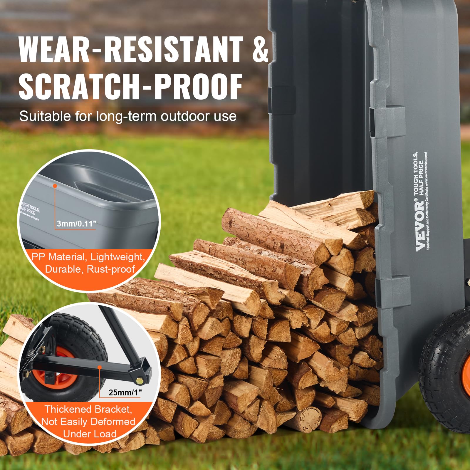 VEVOR 4 pies cúbicos. Carro volquete de polietileno para jardín de 600 libras, carretilla de 4 ruedas resistente, carro volquete para jardín con ruedas todo terreno de 10 pulgadas, marco de acero y sistema de liberación rápida