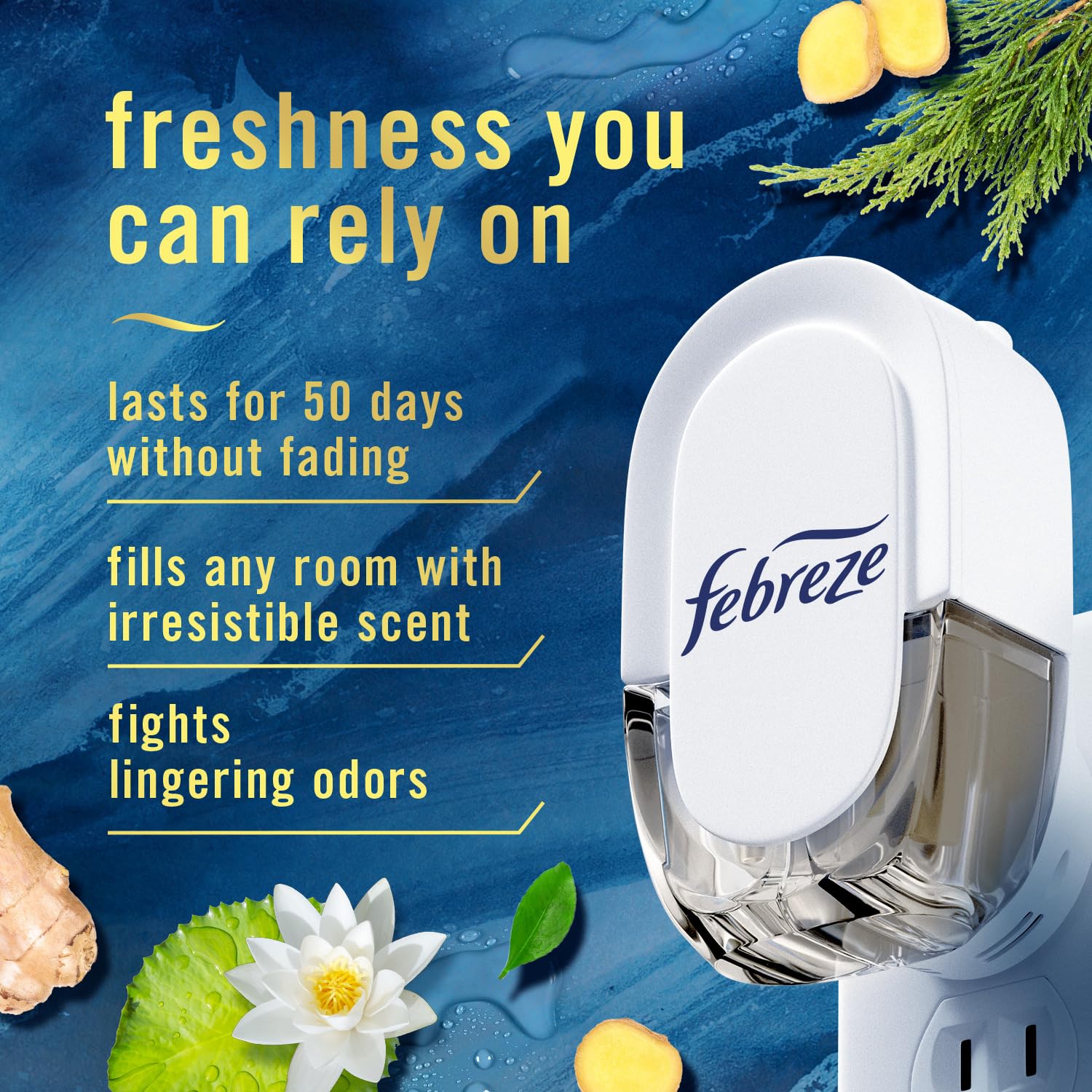 Febreze Plug in Air Fresheners, Ocean, 150 Day Supply, Odor Eliminator for Strong Smell, Scented Oil Refill, 0.87 Fl Oz, 3 Count