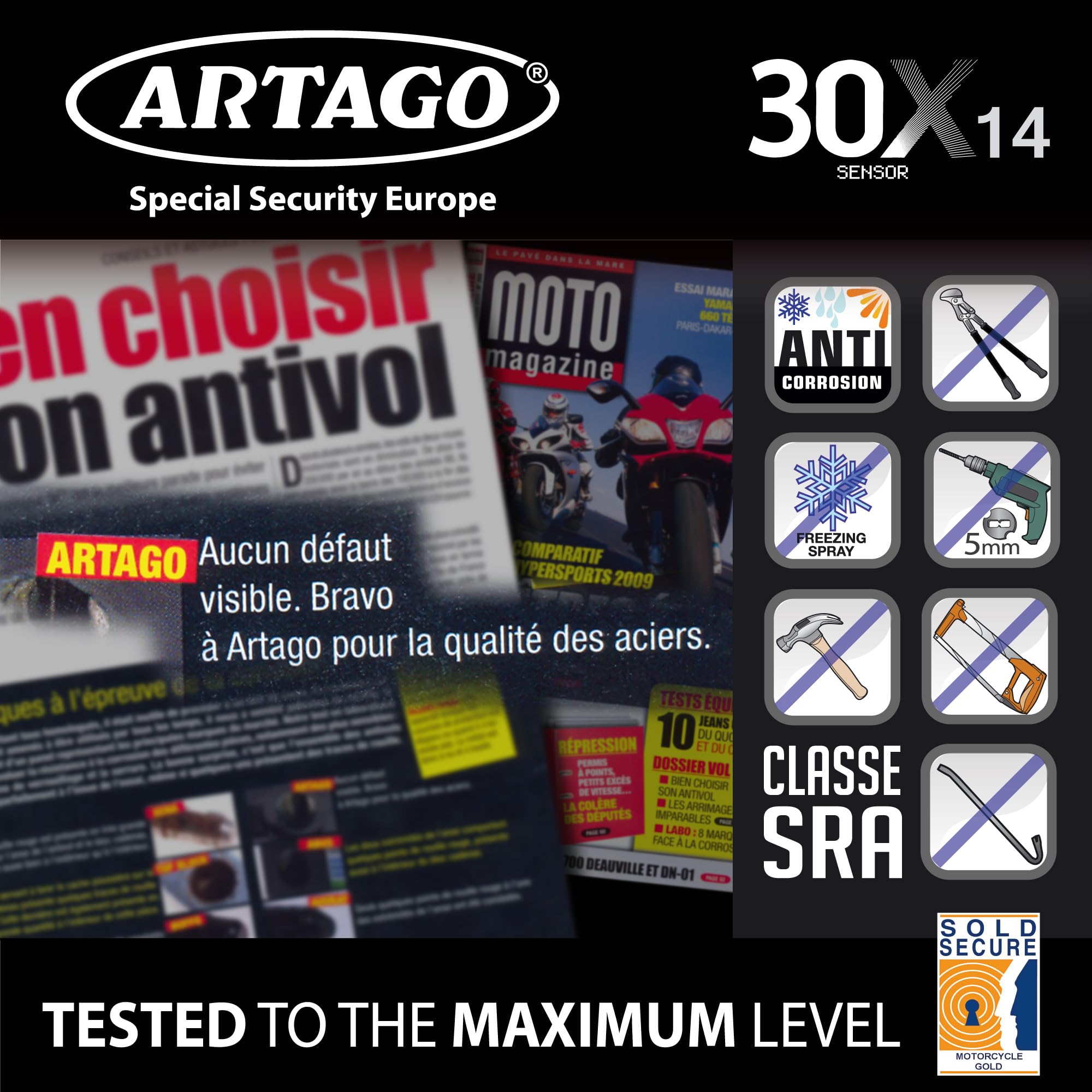 Artago 30X14 High-End Motorcycle Disc Lock with or Without Alarm, Don't Touch System 120dB, Sold Secure & SRA Approved, Disc 5mm Anti-Drill, 14mm Double Locking, Moto Anti Theft Wheel Brake Lock