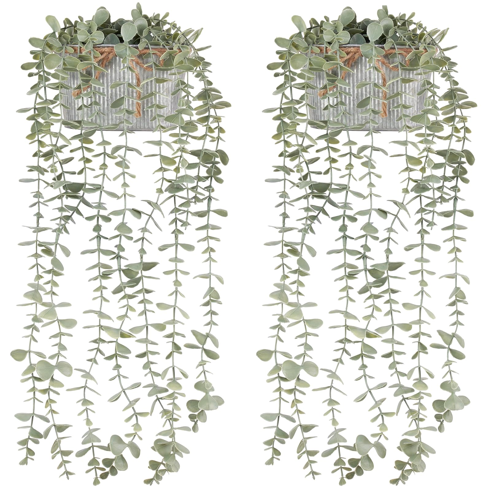 Photo 1 of Mkono Fake Hanging Plants in Farmhouse Galvanized Pots Rustic Faux Potted Eucalyptus Greenery Indoor Artificial Plants for Book Shelf Mantel Living Room Bathroom Bedroom Home Office Decor (2, Grey)