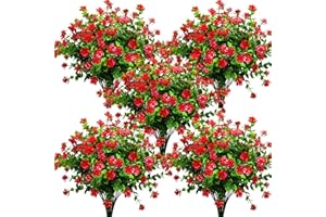 Grunyia 10 Bundles Artificial Fake Flowers, Faux Outdoor Plastic Plants UV Resistant Shrubs Outside Indoor Decorations (Red-Eucalyptus)