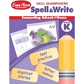 Evan-Moor Skill Sharpeners Spell and Write Workbook, Grade PreK, Alphabet Stories, Letter Names, Test Prep, Capital and Lower Case, Matching, Trace and Write, Circle the Letter, Vocabulary, Homeschool