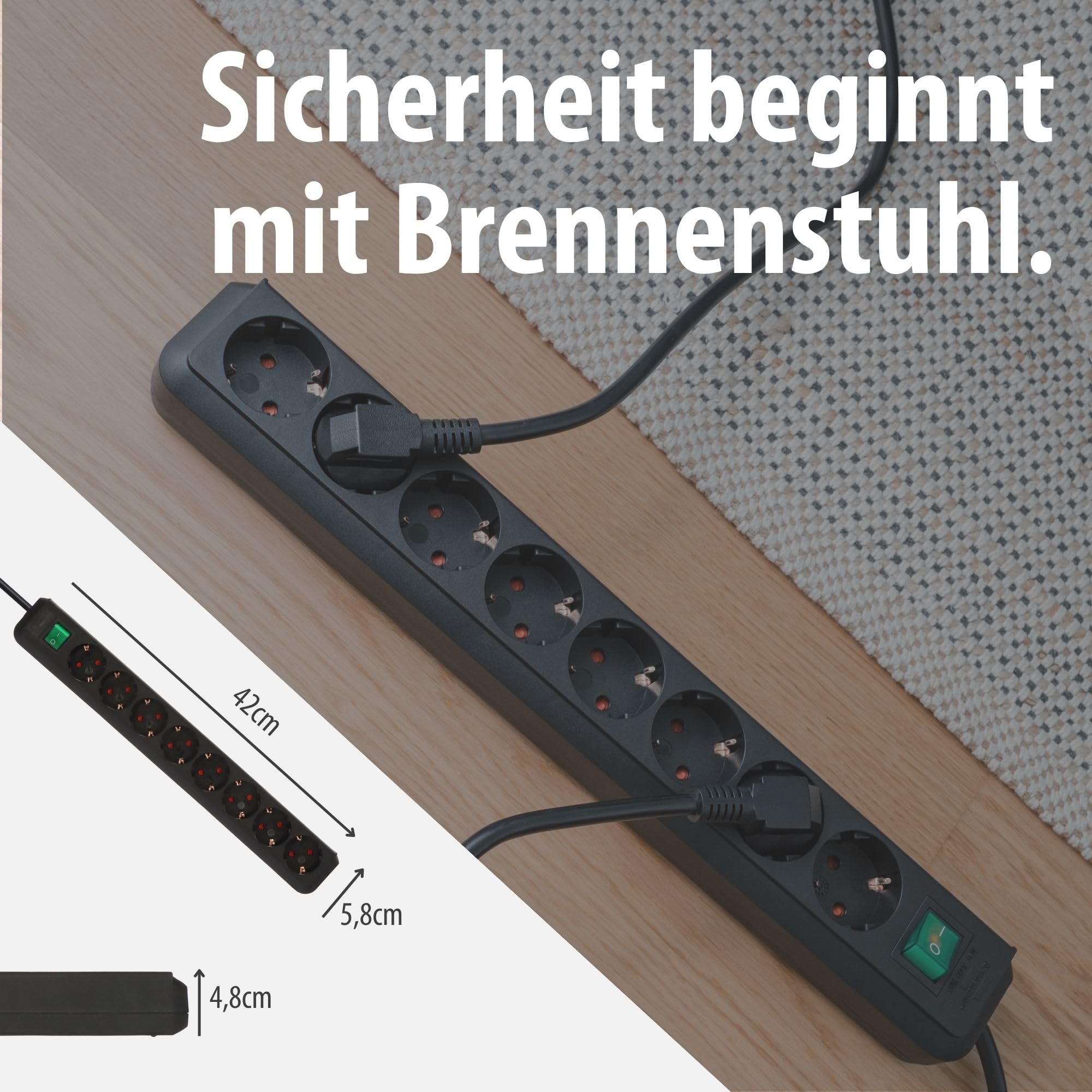Brennenstuhl Eco-Line Steckdosenleiste 8-Fach (Steckerleiste mit erhöhtem Berührungsschutz, Schalter und 3m Kabel) schwarz 6