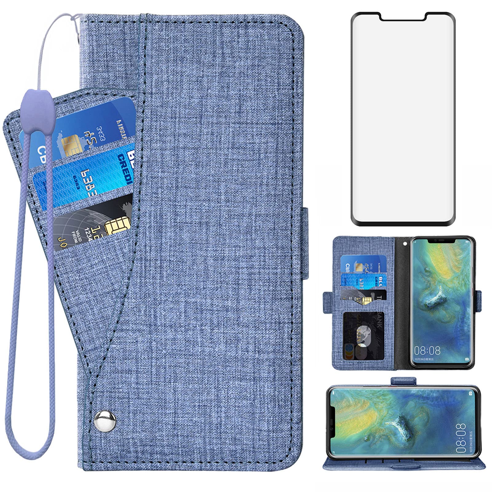 Asuwish Compatible with Huawei Mate 20 Pro Wallet Case Tempered Glass Screen Protector and Leather Flip Cover Card Holder Cell Accessories Phone Cases for Hawaii Mate20Pro Mate20 20Pro Women Men Blue