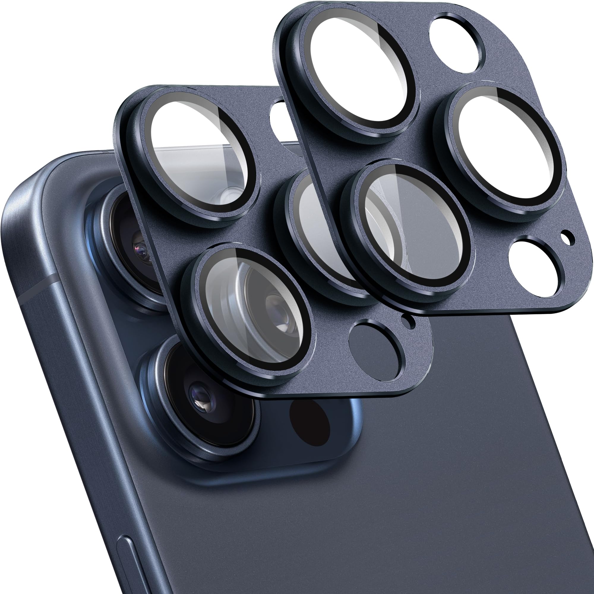 Photo 1 of (2 Pack) Camera Lens Protector for iPhone 15 Pro/iPhone 15 Pro Max,[Drop Protection ] AR Tempered Glass Camera Cover Screen Metal Ring Case Friendly Scratch Resistant Easy to Install (Color - Blue)