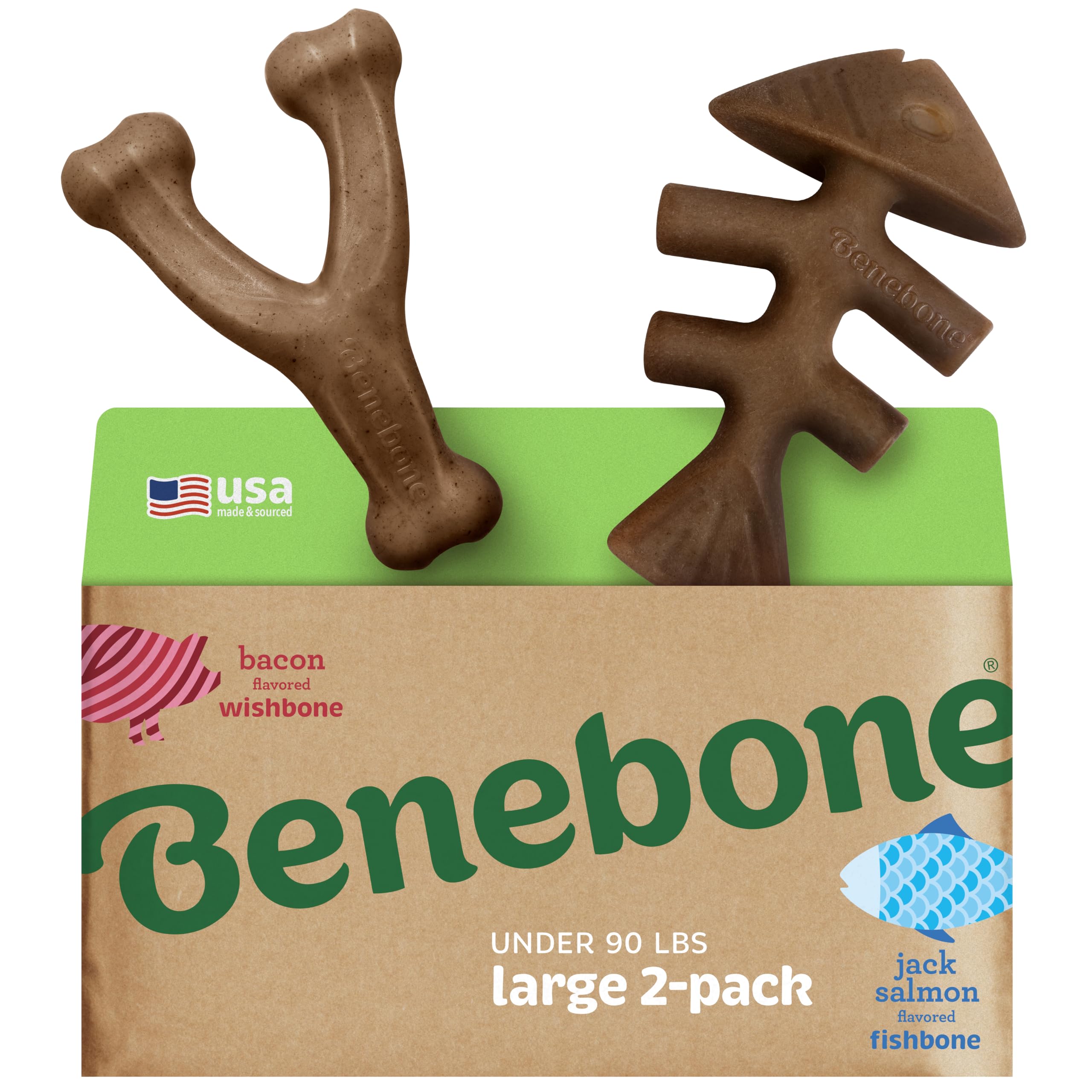 Benebone 2-Pack Indestructible Fishbone/Wishbone Dog Chew Toys, Long Lasting Tough Boredom Breaker for Dogs, Real Salmon and Real Bacon Flavour, For Large Dogs, Made in USA