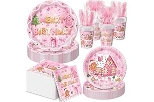 Oigco 120 Pcs Gingerbread Christmas Birthday Party Decorations, Includes Plates, Napkins, Cups, Cutlery for Gingerbread Christmas Party Decorations, Serves 20