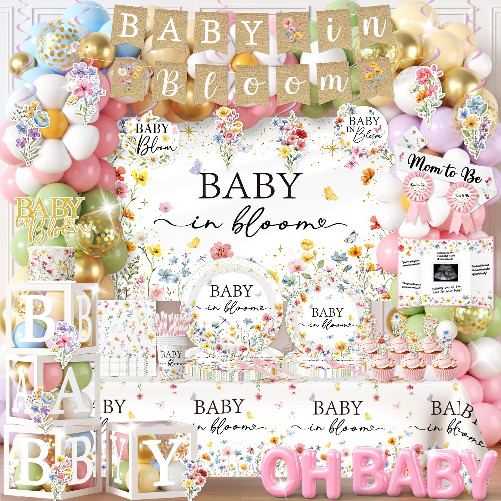 Photo 1 of ***MISSING PARTS***
275Pcs Baby in Bloom Baby Shower Decorations for Girl Wildflower Baby in Bloom Disposable Paper Plates,Balloons Arch,Cake Topper,Backdrop,Cup,Tablecloth for Floral Baby Shower Party Decor Supplies
