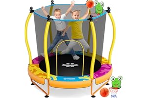 Happin 55” Toddler Trampoline, Indoor & Outdoor Playset Ages 1-6, 5FT Kids Trampoline, Ultra Safe Mini Trampoline for Kids with Safety Enclosure Net, Gifts for Birthday Boys & Girls, Basketball Hoop