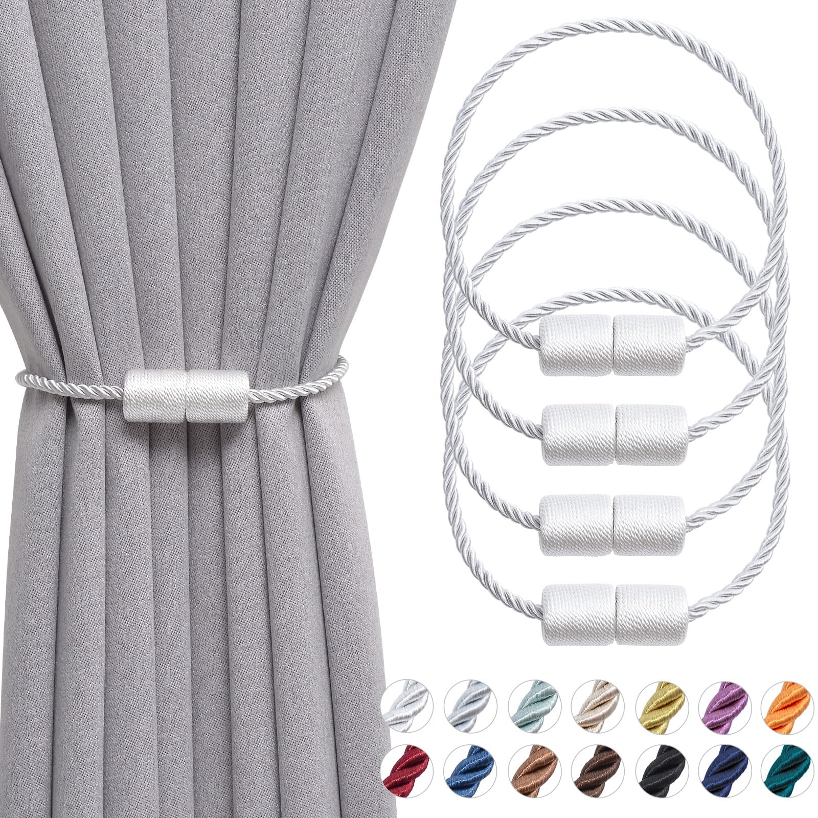 Pretty Jolly 4 Pack Magnetic Curtain Tiebacks 16 Inch Handmade Weave Side Rope Curtain Holdbacks Convenient Decorative Cylinder Curtain Drape Tie Backs for Home & Office Window Drapery (White)