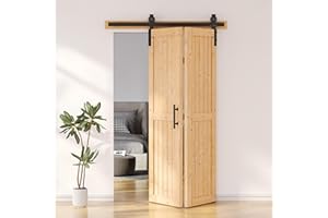 SKYSEN 48" X 84" Bifold Barn Door with 52" Bifold Barn Door Hardware Kit, Including Handle and Pulls, Unfinished Solid Spruce Wood Panel, Pre-Drilled and Assembled(48 * 84-52-fold)