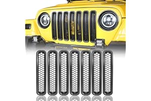 Hooke Road Black Front Grill Mesh Inserts Clip-in Honeycomb Grille Guards for 1997-2006 Jeep Wrangler TJ & Unlimited (Pack of 7)