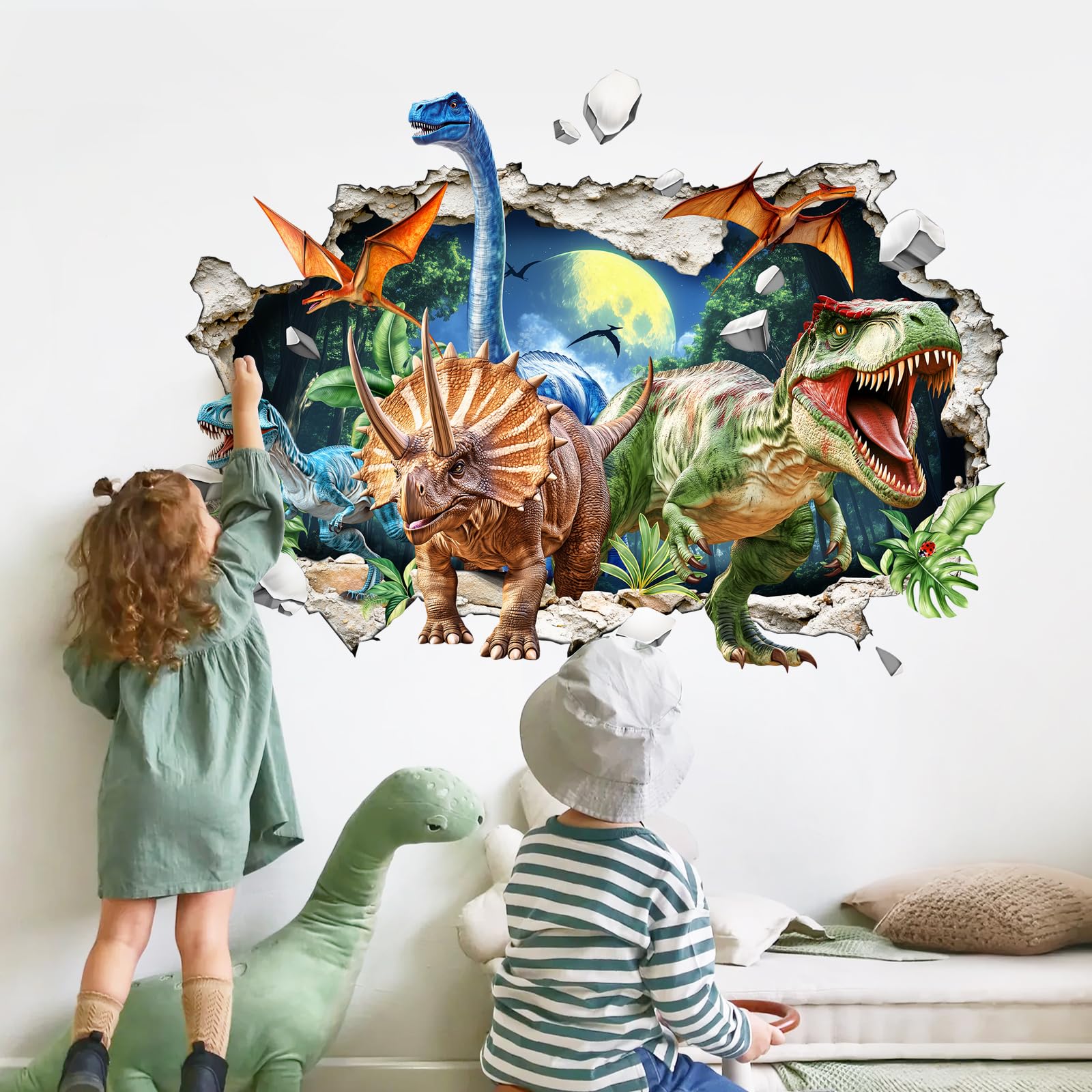 Photo 1 of 3D Dinosaur Wall Decals Break Through Large Dino Jungle Dinosaur Wall Stickers for Boys Kids Bedroom Baby Nursery Playroom Classroom Decor