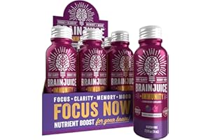 BrainJuice Brain and Immune Support Shot, Gluten Free Supplement Shots for Energy, Focus, Immunity with Vitamin D, C B, Alpha GPC & Organic Ginger Root, Huckleberry Hibiscus, 2.5 fl oz, 12 Pack