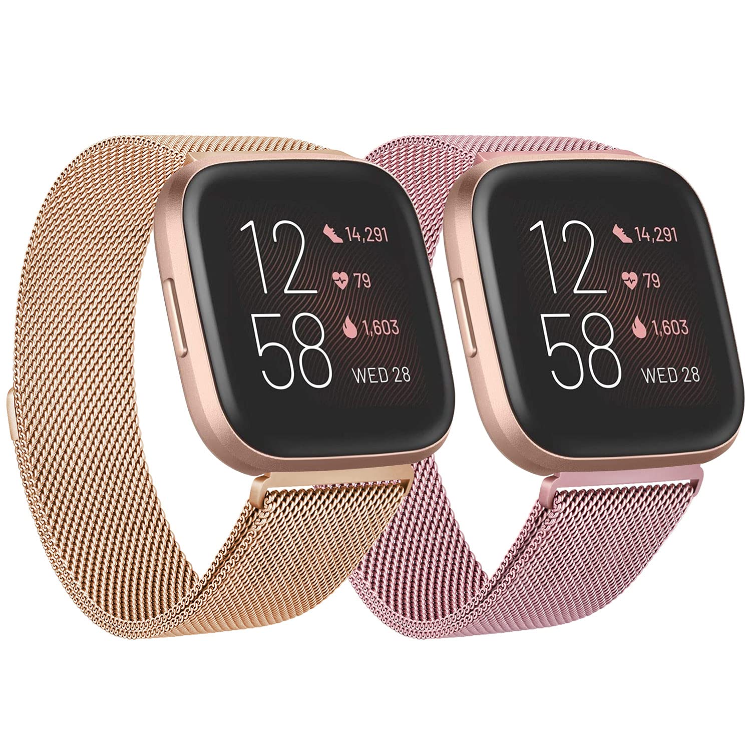 Photo 1 of 2 Pack Metal Bands Compatible with Fitbit Versa/Fitbit Versa 2 / Fitbit Versa Lite, Stainless Steel Mesh Breathable Wristband Strap with Adjustable Magnet Lock (Small, Rose Gold+Rose Pink)