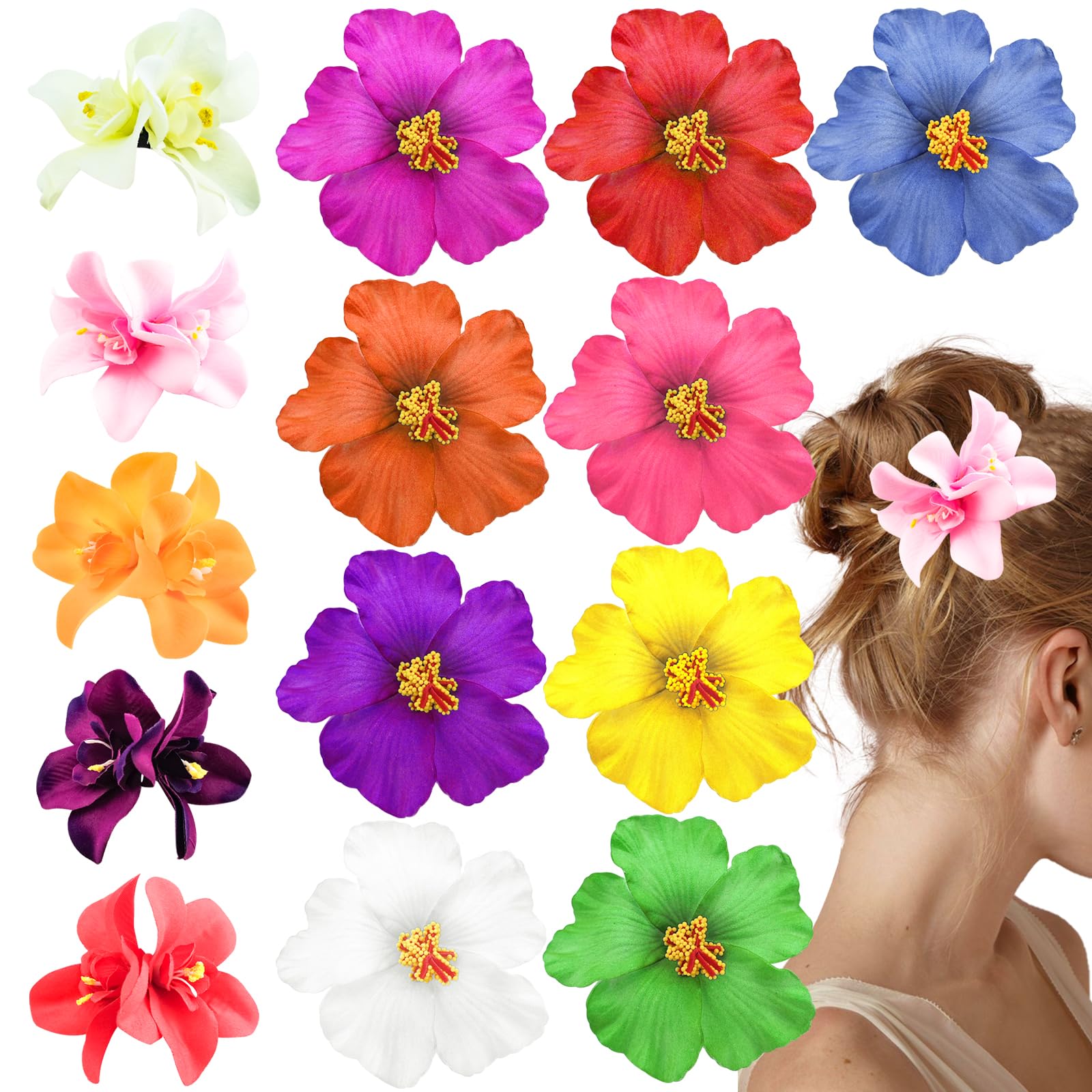 Photo 1 of 14PCS Hawaiian Flower Hair Clips for Women, Artificial Tropical Hibiscus Hair Accessories for Vacation Beach Party
