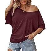Hilinker Womens Sexy Off The Shoulder Tops Short Batwing Sleeve T Shirt Oversized Casual Tee