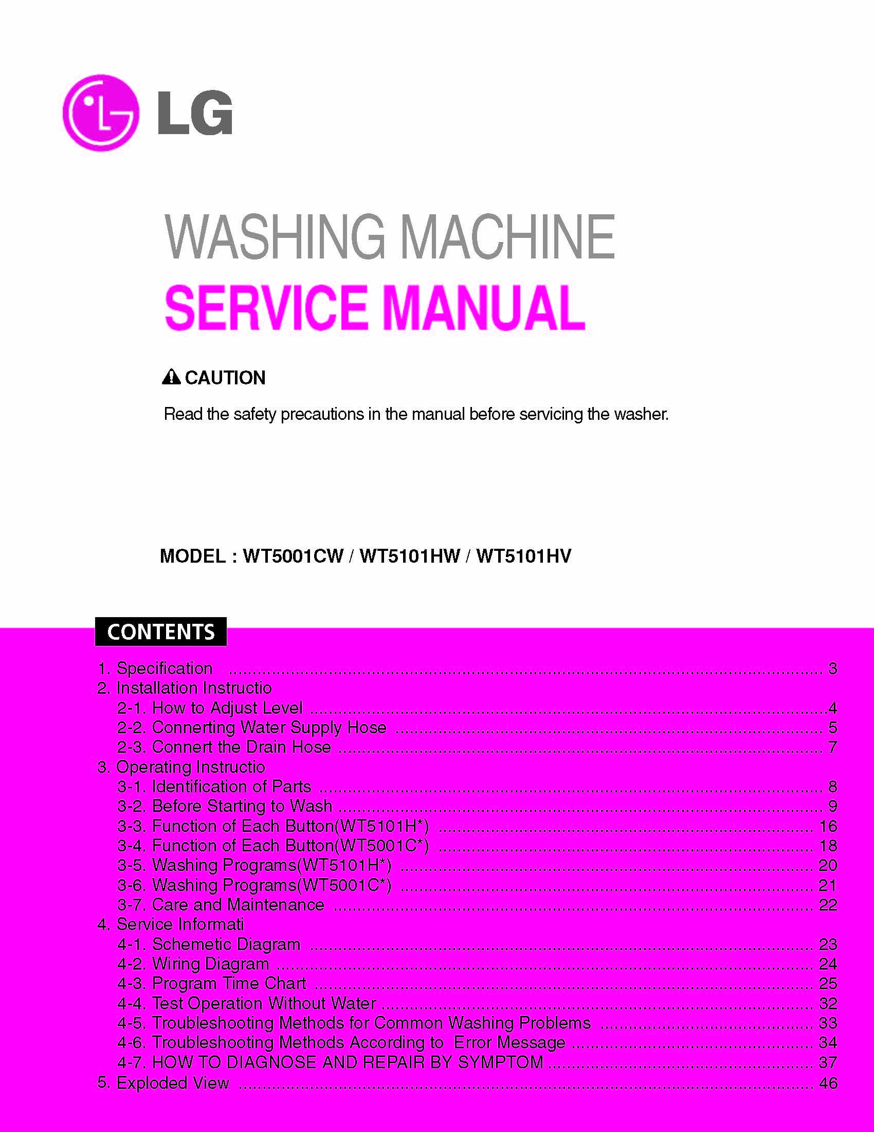 LG WT5001CW / WT5101HW / WT5101HV Service Manual Paperback – 2009