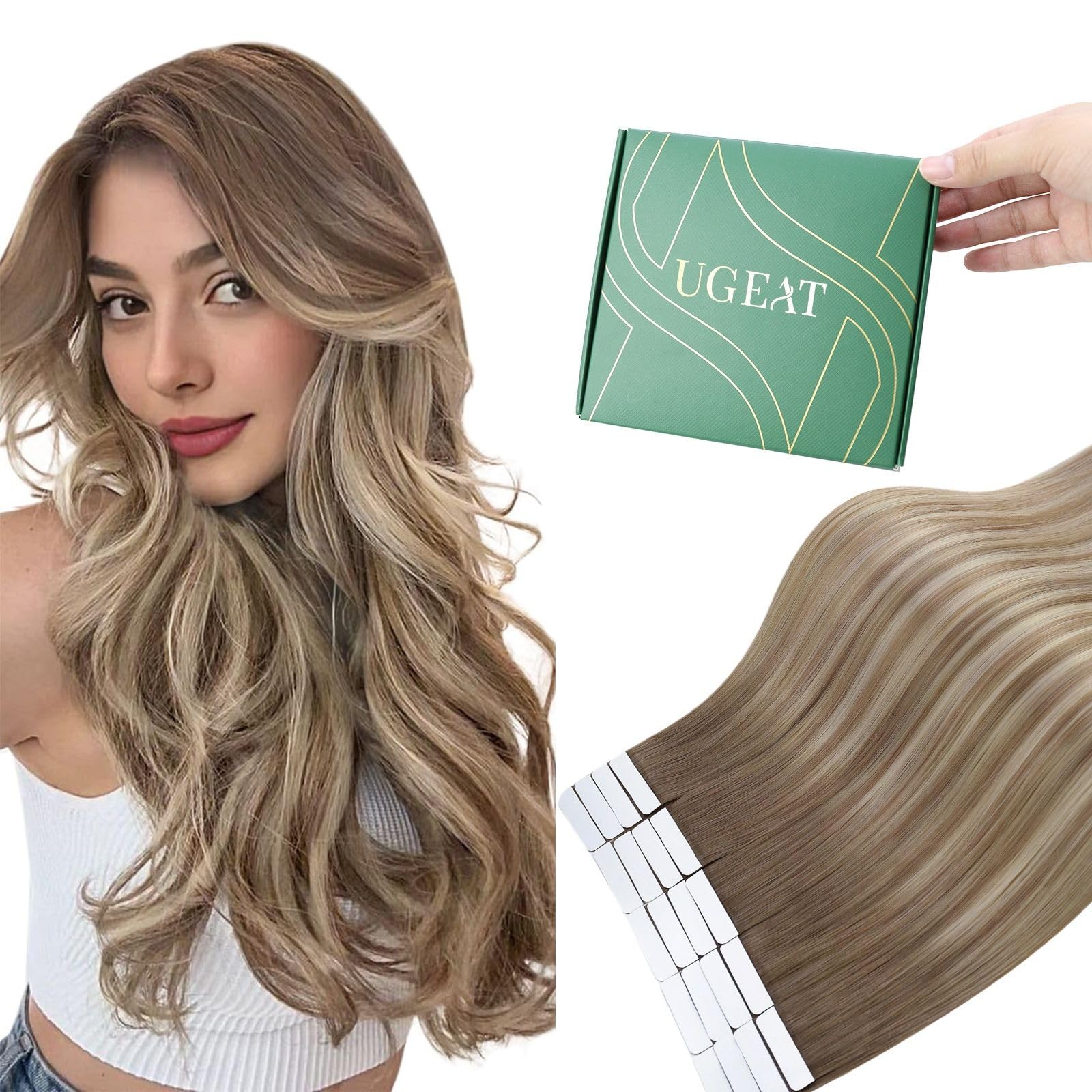 Ugeat Ombre Human Hair Extensions Tape in Real Hair 16 Inch Brown Blonde Tape in Hair Extensions Human Hair Balayage Blonde Light Brown for Party 50G 20Pcs #9A/60/9A