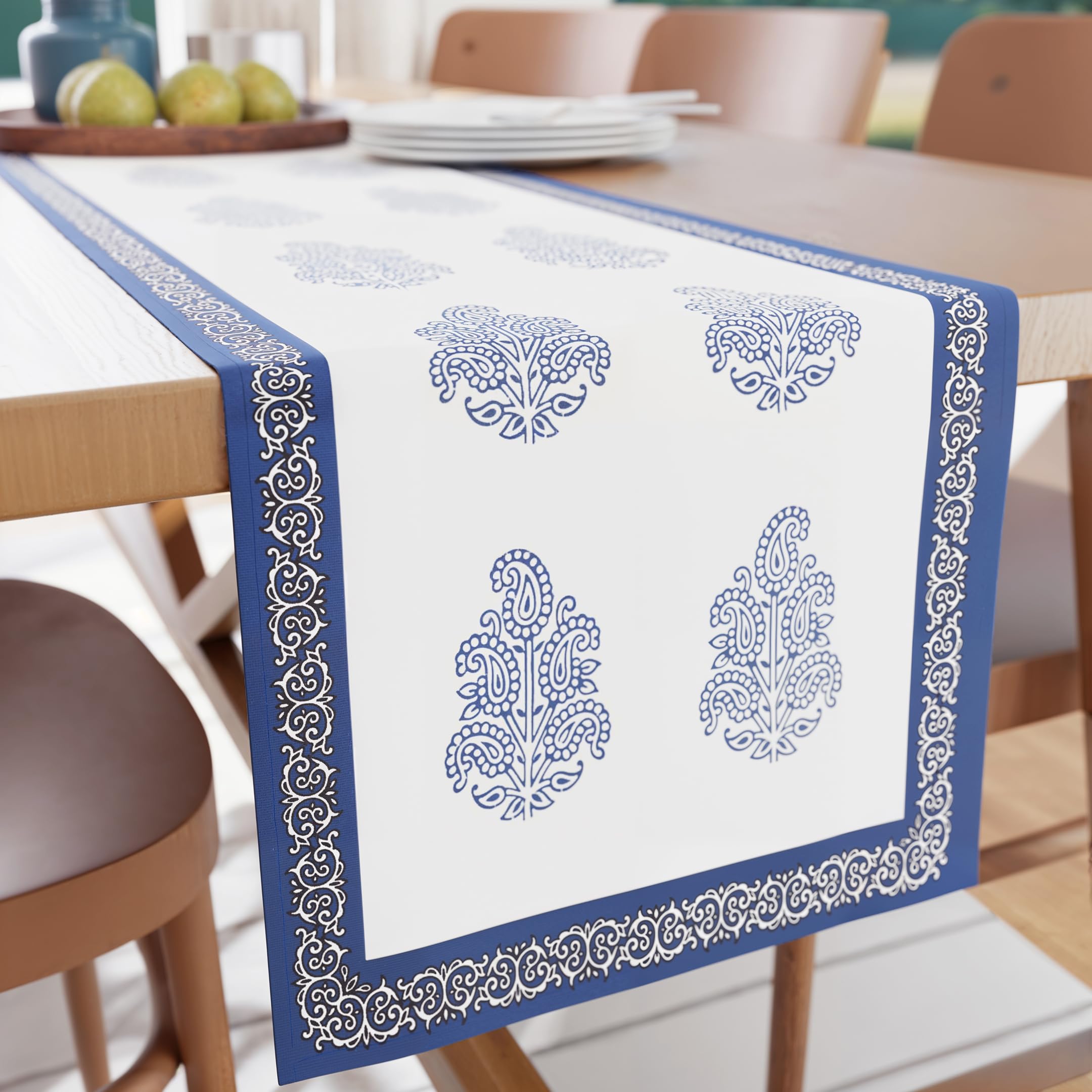 Encasa XO DiningTable Runner | Indigo-01 Block Printed Cotton Canvas | 32x150 cm | Jaipur Sanganeri Hand Print