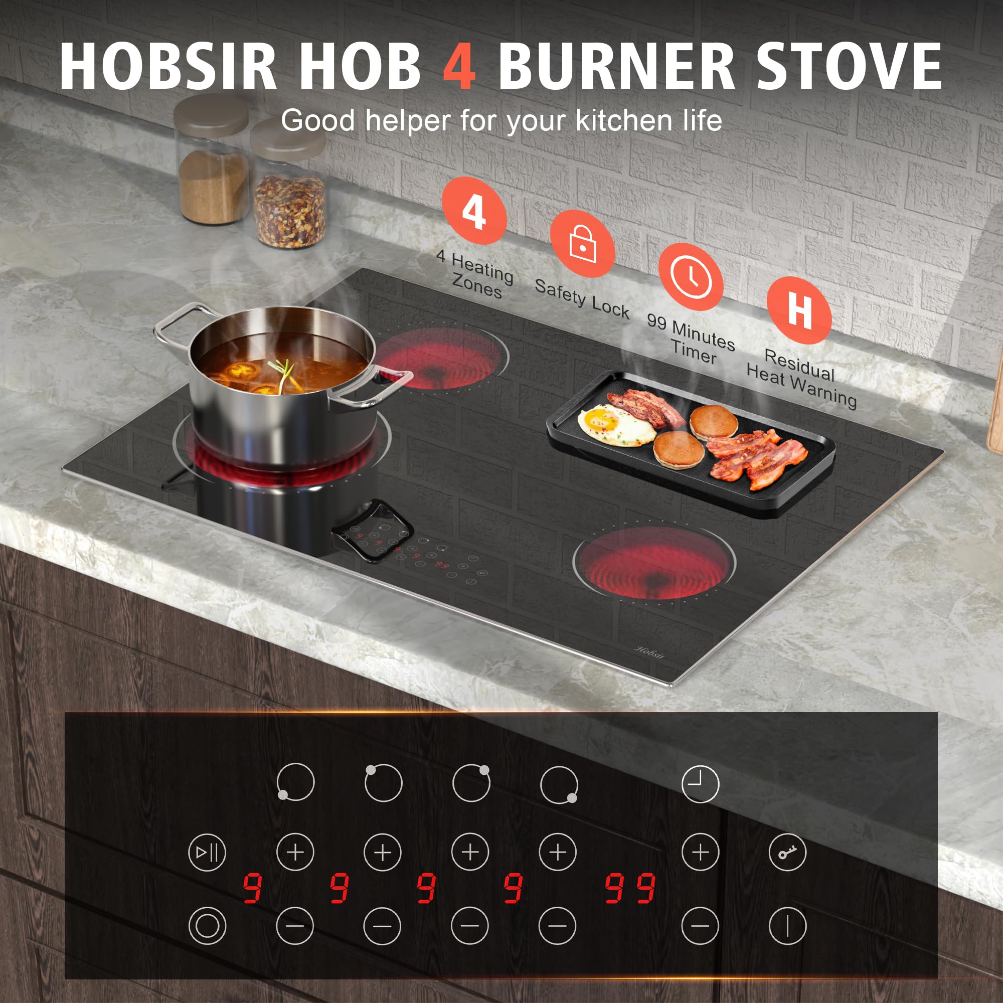 Hobsir 30 Inch Electric Cooktop, 4 Burners Cooktop, Electric Stove Top Burner, 6800W Drop-in Ceramic Stove Top with Glass Metal Frame, Timer, Safety Lock, 220-240V, Hard Wired (No Plug) Cooktops