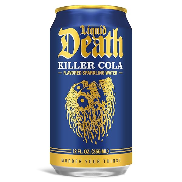 LIQUID DEATH SODA-FLAVORED SPARKLING WATER – KILLER COLA, LESS SUGAR*, HUGE FLAVOR, NO CAFFEINE, NO ARTIFICIAL SWEETENERS, 12 FL OZ (PACK OF 12)