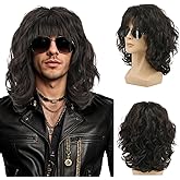 yuehong Long Curly Dark Brown 70s 80s Shawl Rocker Wig Mullet Cosplay Wig Heat Resistant Synthetic Fibers Soft Durable Breathable Costume