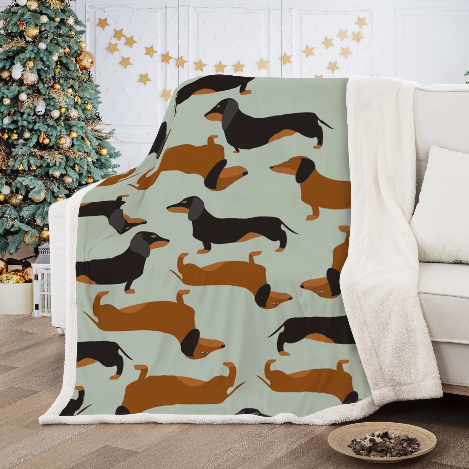 Dachshund Sausage Blanket Reversible Dog Printed Sherpa Blanket for Kids Teens Soft Warm Microfiber Fleece Solid Blanket for Bed, Couch,Sofa and Travel 150x200cm